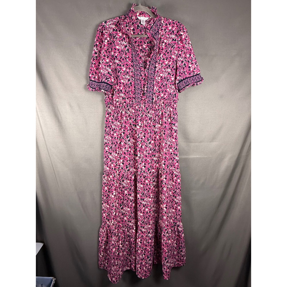 London Times Maxi Dress Women 10 Pink Navy Floral Tiered V-Neck Short Sleeve